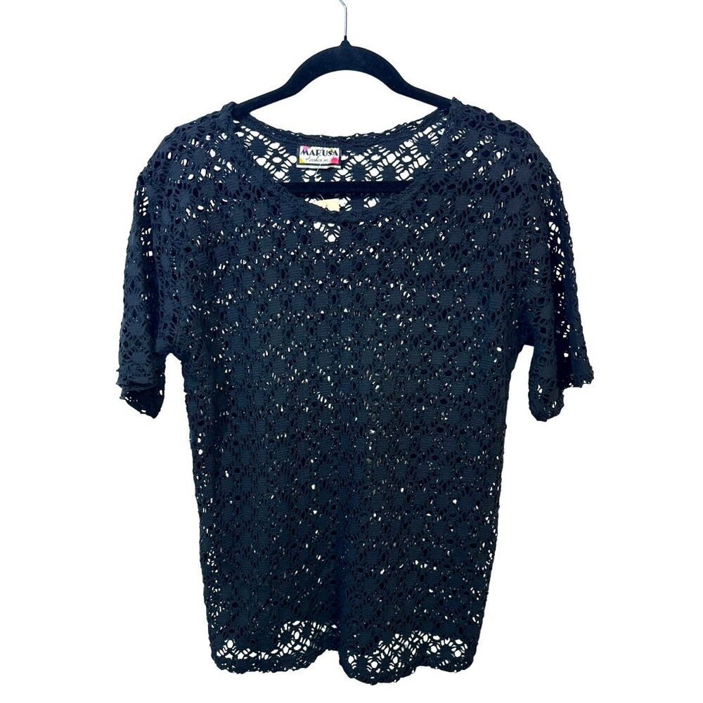 NWT Marusa Crochet Knit Top Open Weave Short Sleeve Blouse Women’s‎ M/L 19"x26"